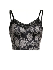 Gothic Black Flowers Printed  Lace Trim Top