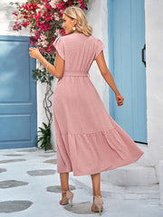 Vacation Sleeveless Loose Lace-Up Solid Color V-Neck Midi Dress