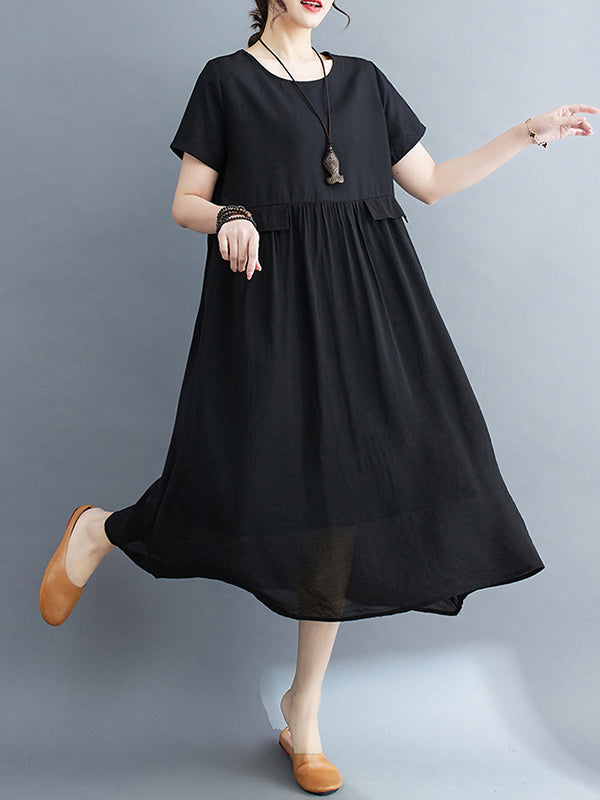 Gauze Solid Color Split-Joint Loose Short Sleeves Round-neck Midi Dresses