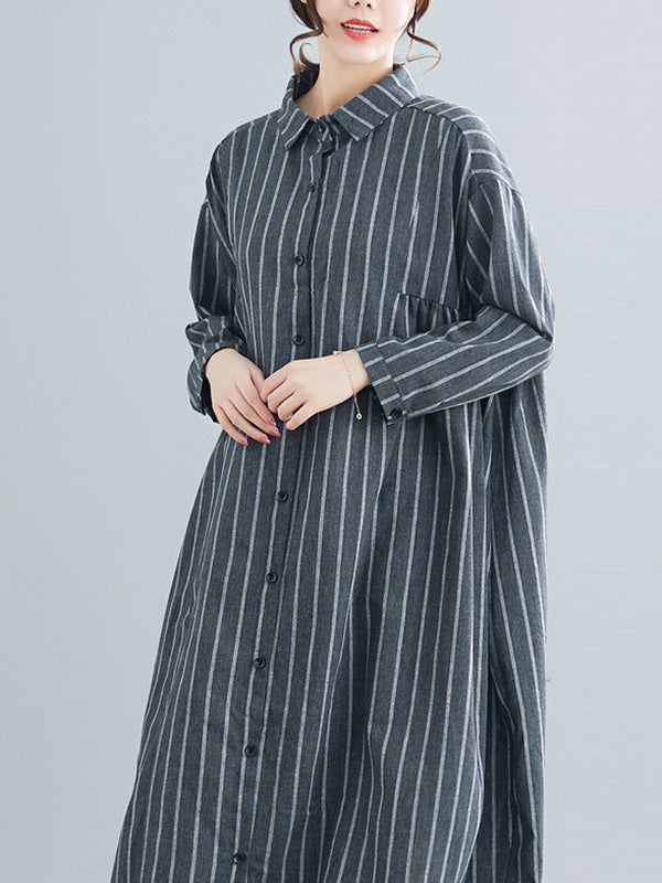 Simple Striped Buttoned Lapel Long Sleeves Shirt Dress
