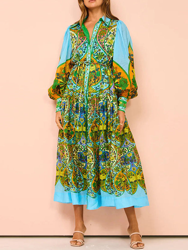Belted Floral Printed High Waisted Loose Lapel Midi Dresses