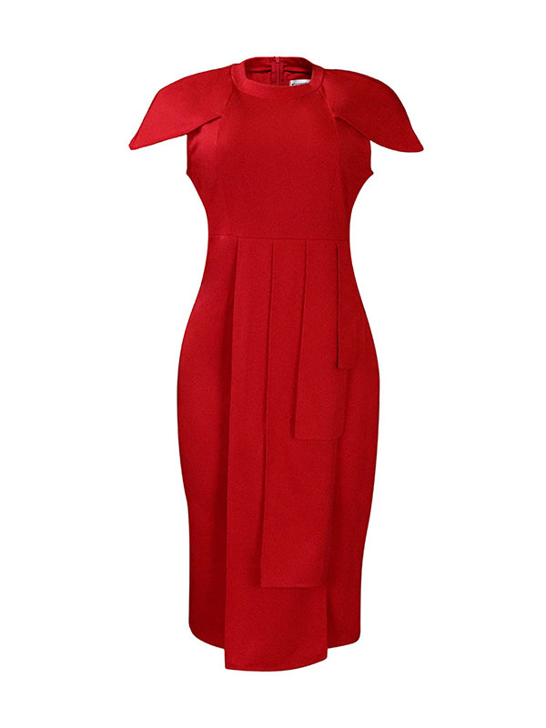 Pleated Solid Color Split-back Split-front Split-Joint Short Sleeves Skinny Round-neck Midi Dresses