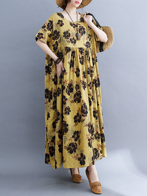 Pleated Printed Split-Joint Loose Short Sleeves Round-Neck Midi Dresses