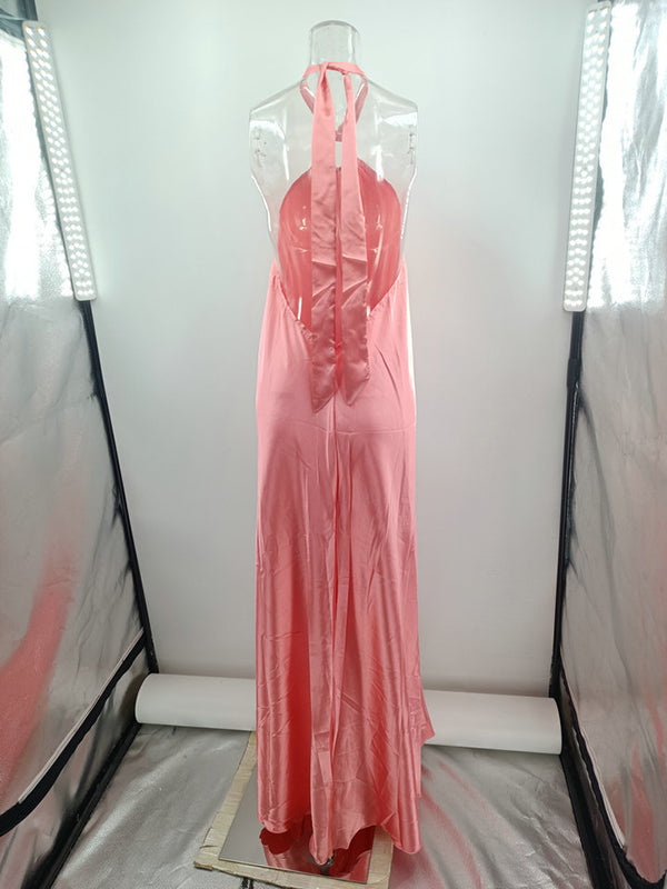 Backless Solid Color Tied A-Line Loose Halter-Neck Maxi Dresses