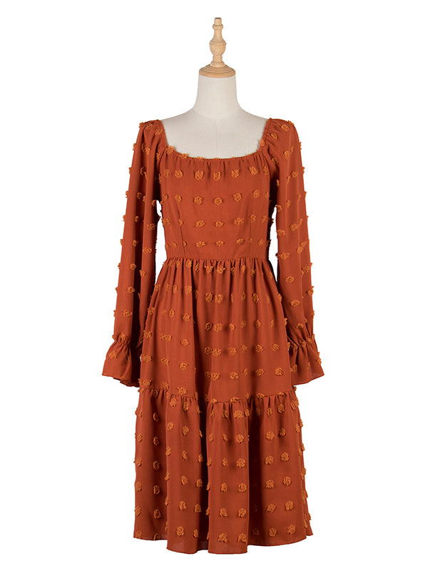Bohemia Puff Sleeves A-Line Solid U-Neck Dress