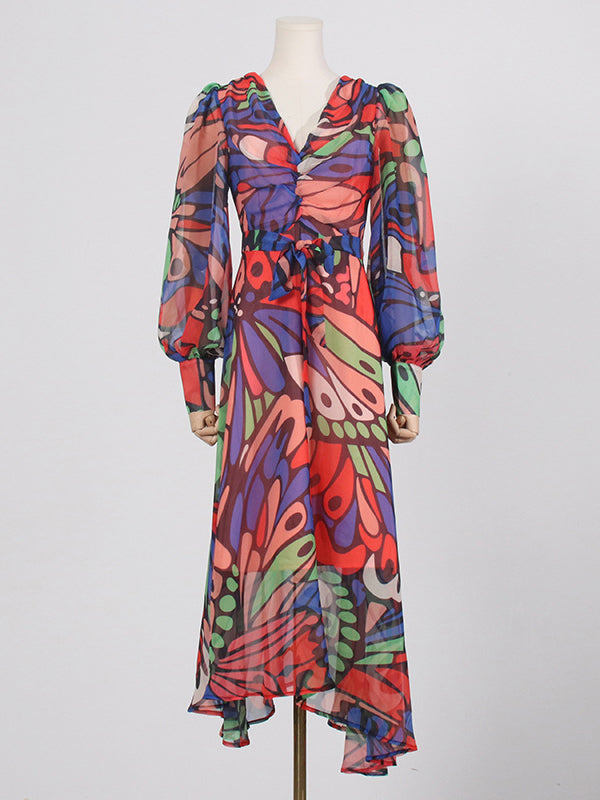 Buttoned Printed Split-Joint High Waisted Long Sleeves V-Neck Midi Dresses