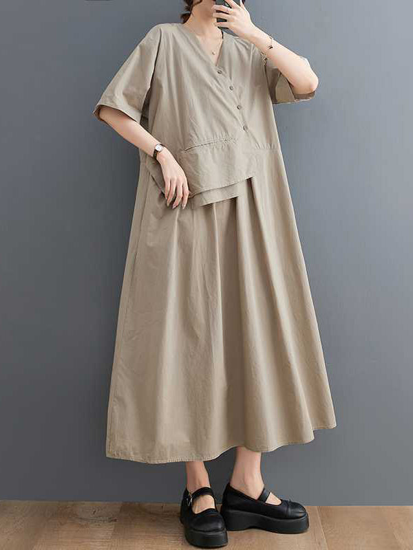 Pleated Solid Color Split-Joint Loose Short Sleeves V-Neck Midi Dresses