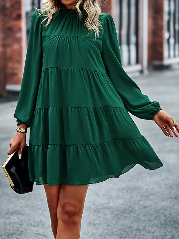 Elasticity Pleated Solid Color Split-Joint Tied A-Line Bishop Sleeve Mock Neck Mini Dresses