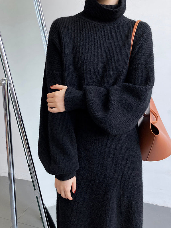 Urban Loose Puff Sleeves Solid Color High-Neck Sweater Dresses