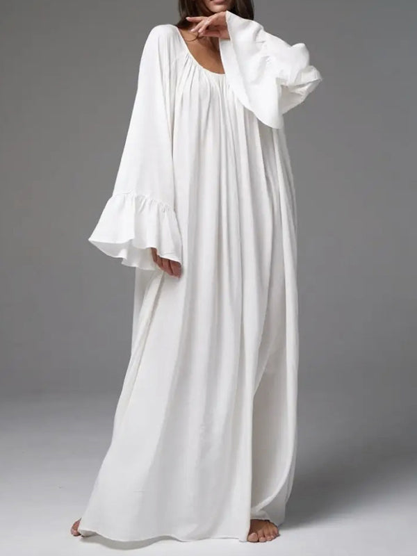 Pleated Solid Color Split-Joint Flared Sleeves Loose Round-Neck Maxi Dresses