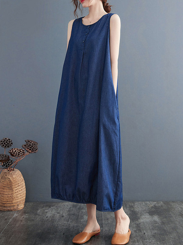 Simple Denim Blue Round-Neck Buttoned Sleeveless Midi Dress