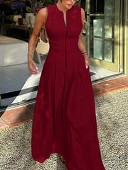 A-Line Loose Pleated Pockets Split-Joint Zipper Round-Neck Maxi Dresses