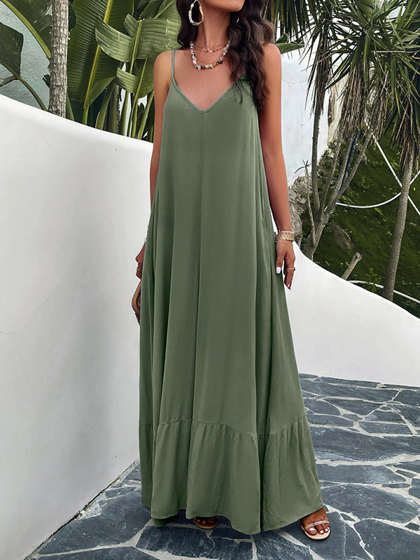 Pleated Solid Color Split-Joint Loose Sleeveless Spaghetti-Neck Maxi Dresses