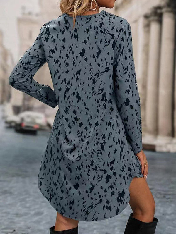 Leopard High-Low Long Sleeves V-Neck Mini Dresses