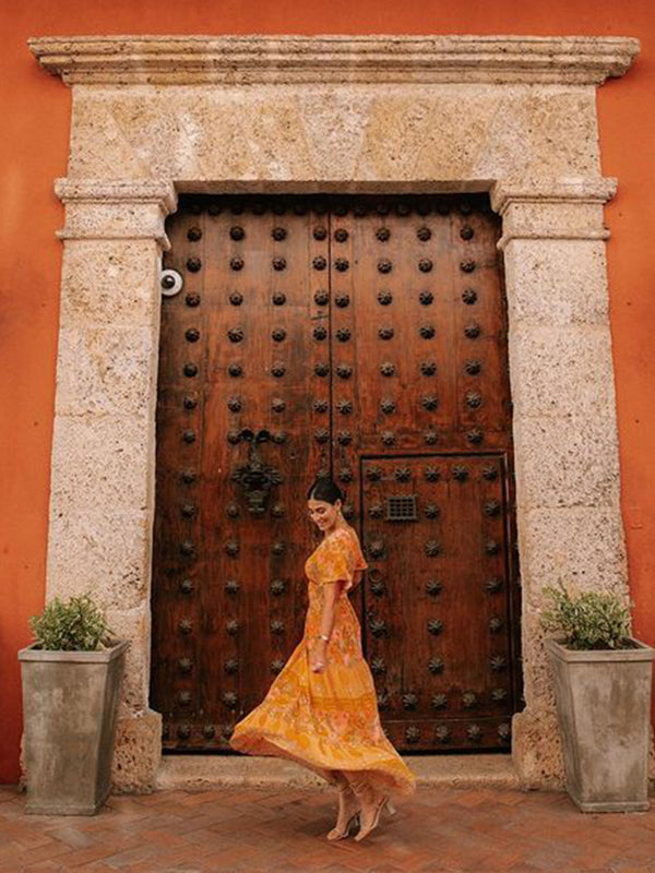 Bohemia Half Sleeves Floral Printed Deep V-Neck Maxi Dress