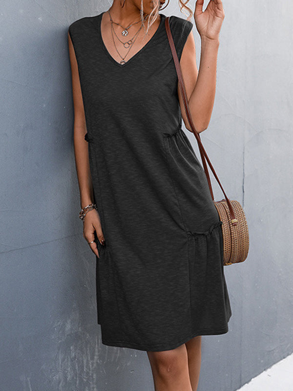 Pleated Solid Color Split-Joint A-line Loose V-neck Midi Dresses