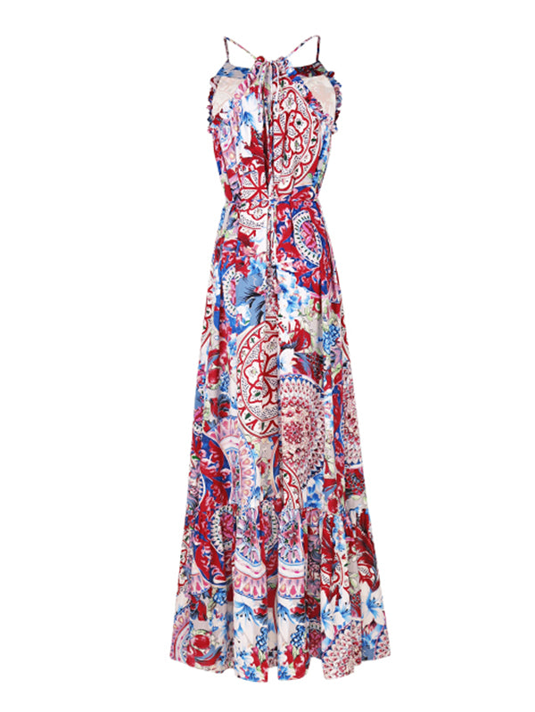 Vacation A-Line Sleeveless Floral Printed Lace-Up U-Neck Maxi Dress