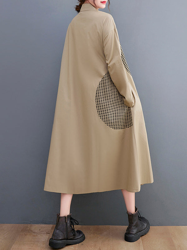 Vintage Loose Long Sleeves Buttoned Printed Polka-Dot Lapel Collar Midi Dresses
