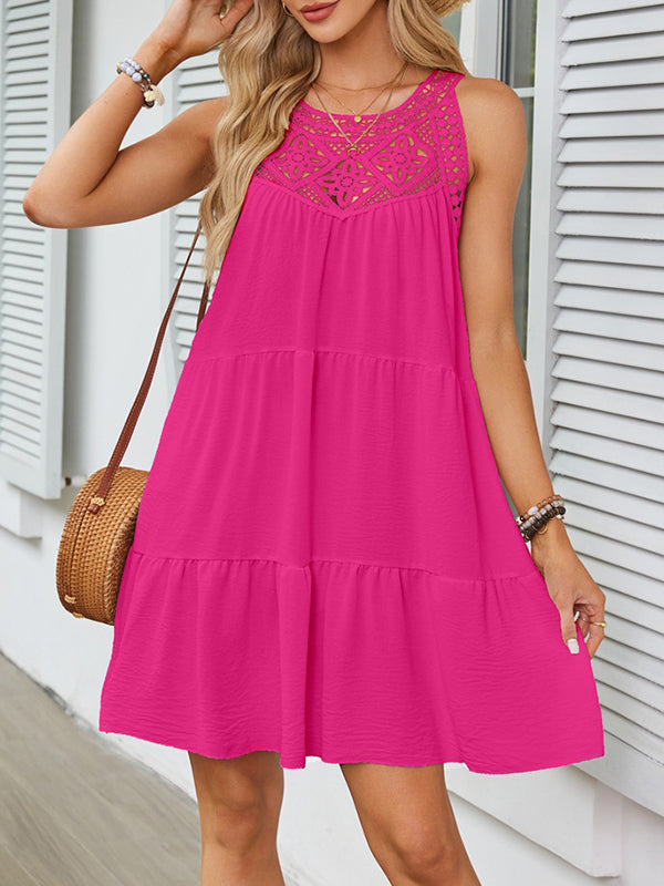 Hollow Pleated Solid Color Split-Joint A-Line Loose Round-Neck Mini Dresses