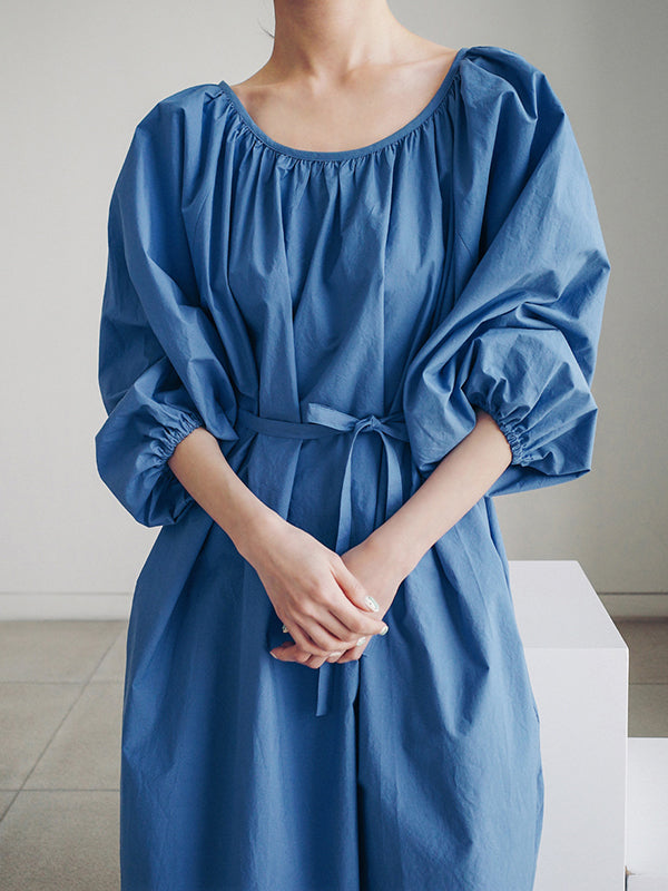 Original Casual Loose Solid Color Pleated Puff Sleeves Midi Dress