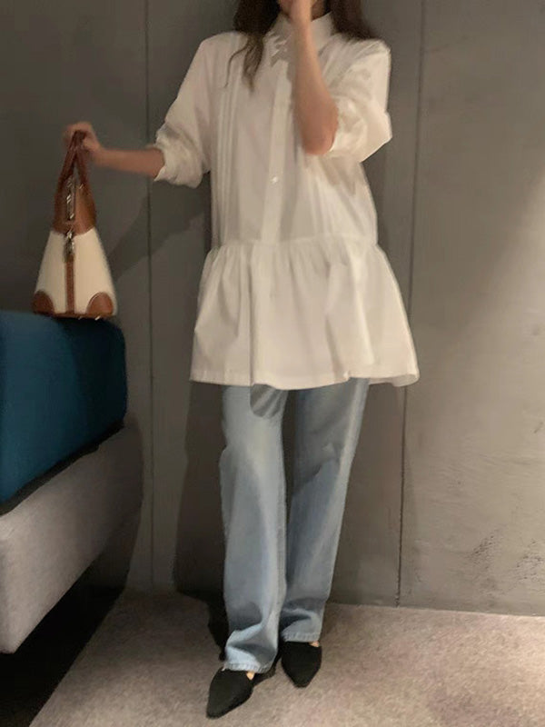 Buttoned Pleated Solid Color A-Line Long Sleeves Lapel Shirt Dress Mini Dresses