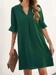 Pleated Ruffled Solid Color Split-Joint A-Line Flared Sleeves V-Neck Mini Dresses
