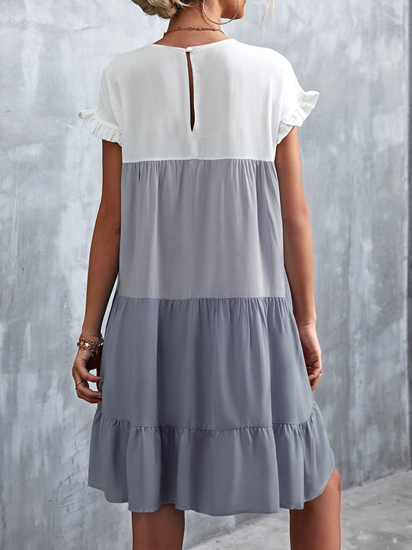 Contrast Color Falbala Pleated Split-Joint Loose Ruffle Sleeves Round-Neck Mini Dresses