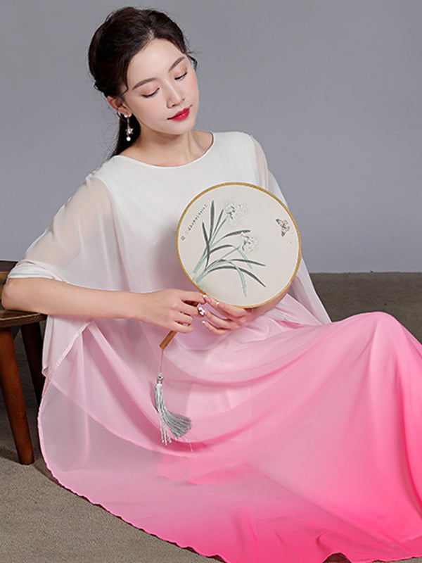 Artistic Retro Half Sleeves Loose Gradient Round-Neck Maxi Dresses