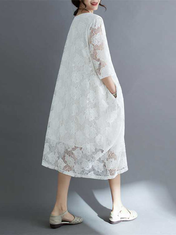 Hollow Solid Color Half Sleeves Loose Round-Neck Midi Dresses