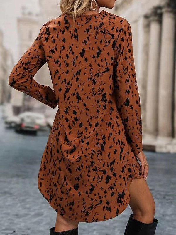 Leopard High-Low Long Sleeves V-Neck Mini Dresses