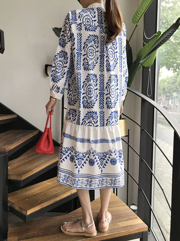 Leaves Print Printed Long Sleeves Loose Stand Collar Midi Dresses