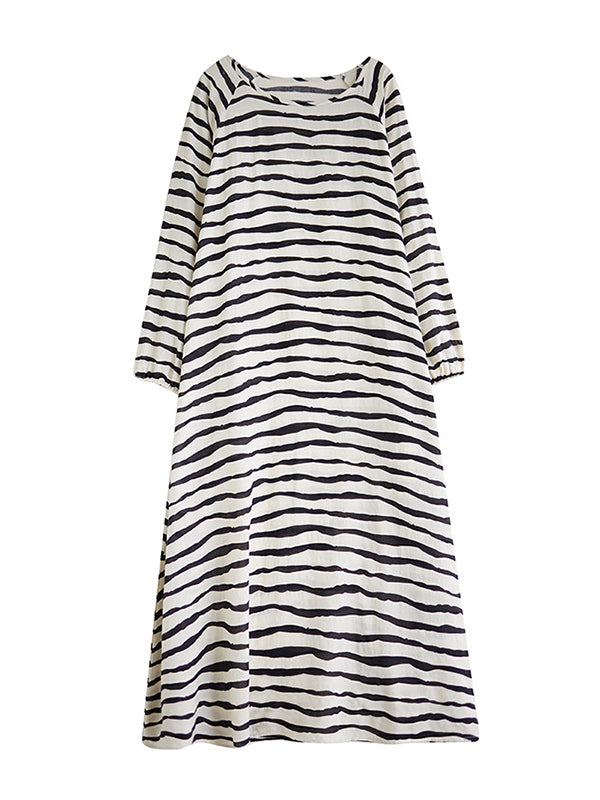 Contrast Color Elasticity Striped A-Line Long Sleeves Round-Neck Maxi Dresses