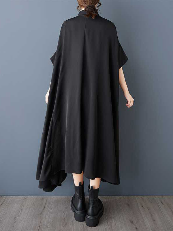 Asymmetric Buttoned Pockets Solid Color A-Line Half Sleeves Lapel Shirt Dress Midi Dresses