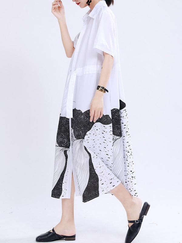 Contrast Color Drawstring Printed Tied Waist Loose Short Sleeves Lapel Shirt Dress Midi Dresses