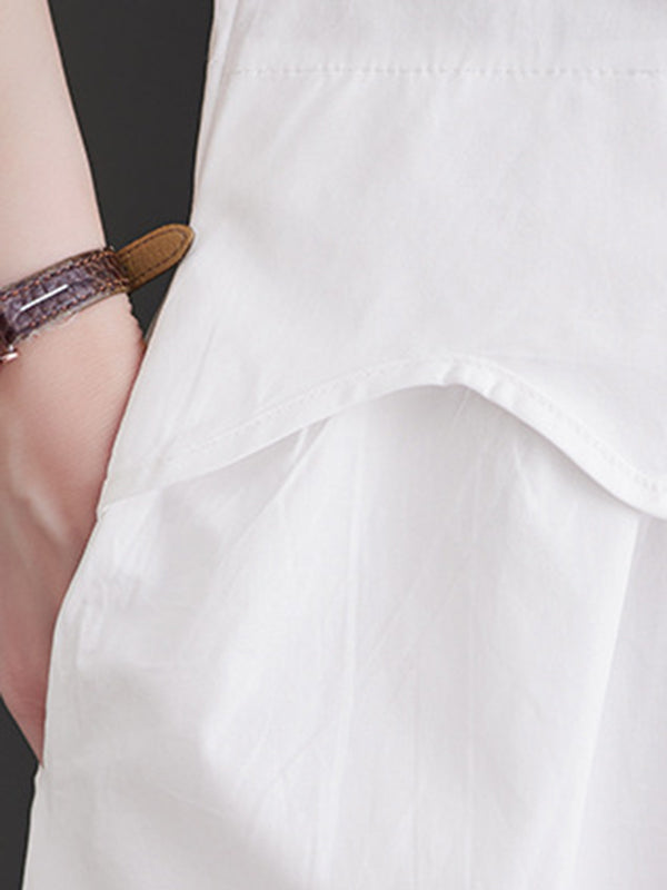 Elasticity Pleated Split-Joint Loose Short Sleeves Lapel Midi Dresses