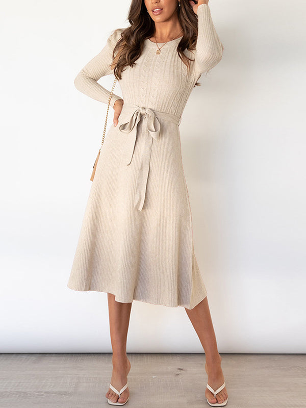 Solid Color Tied Waist High Waisted Long Sleeves Round-Neck Sweater Dresses Midi Dresses