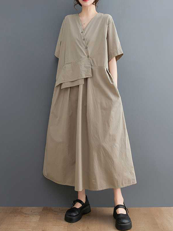 Pleated Solid Color Split-Joint Loose Short Sleeves V-Neck Midi Dresses