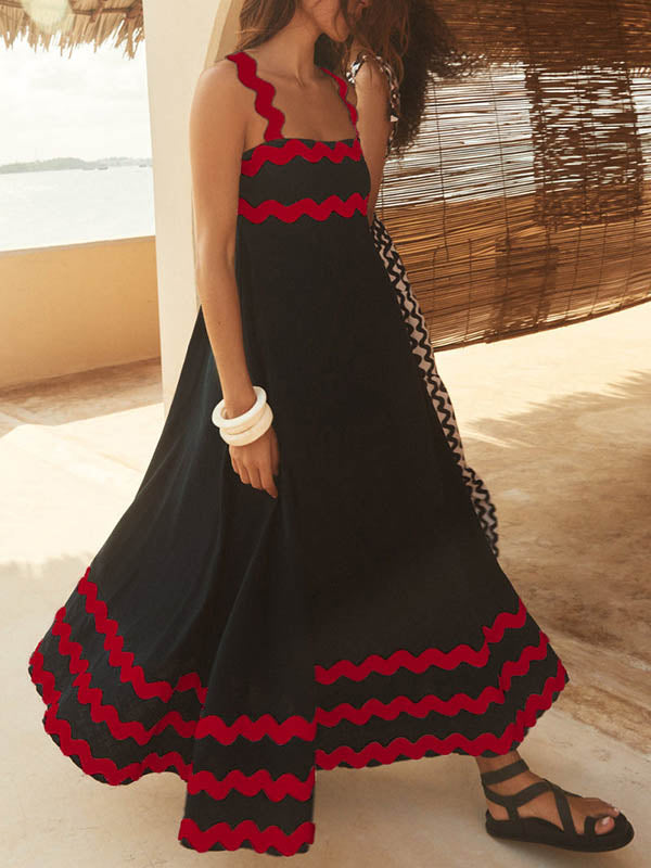 Contrast Color Zipper A-Line High Waisted Square-Neck Midi Dresses