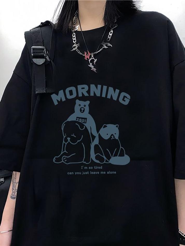 Short Sleeve Animal & Lettering Print Loose-Fit Top