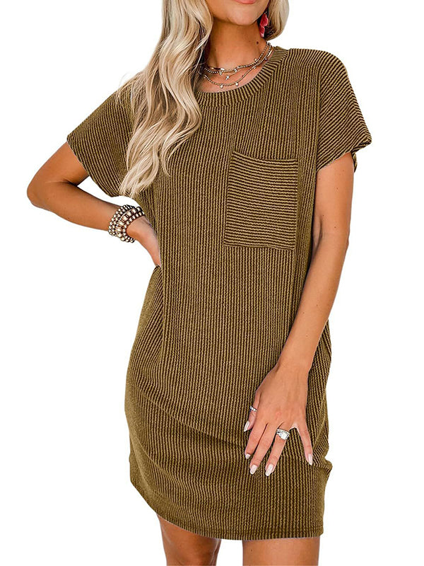 Contrast Color Pockets Split-Joint Striped A-Line Loose Round-Neck Mini Dresses