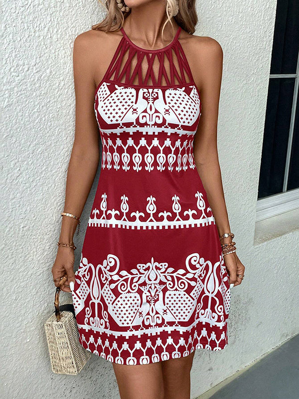 Hollow Printed Split-Joint Loose Sleeveless Halter-Neck Mini Dresses