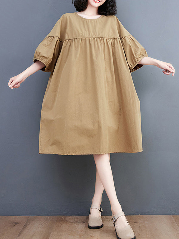 Solid Color Loose Short Sleeves Round-neck Midi Dresses
