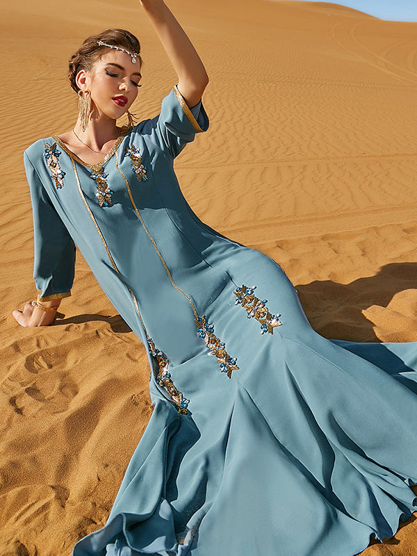 Vacation Loose Embroidered Solid Color V-Neck Dress