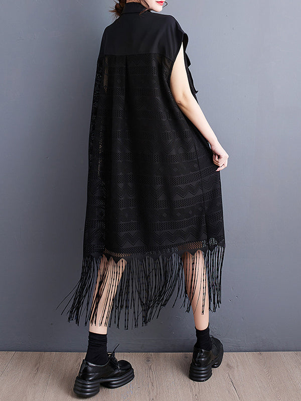 Gauze Pockets Split-Joint Tasseled Short Sleeves Lapel Midi Dresses