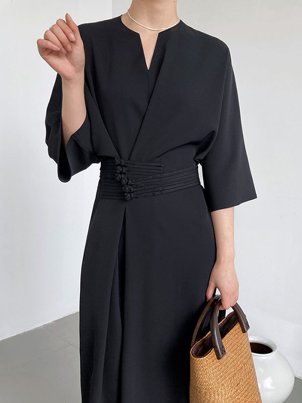 Vintage Loose Half Sleeves Buttoned H-Line Midi Dress