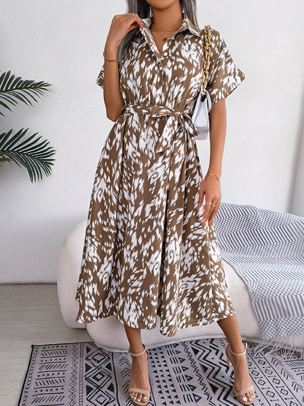 Leopard Ribbed Loose Short Sleeves Lapel Midi Dresses