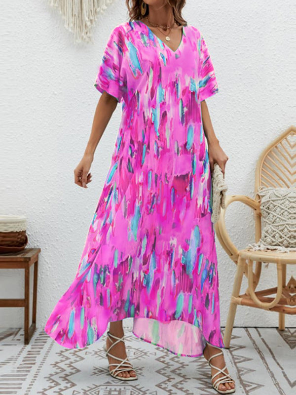 Contrast Color High-Waisted Printed Loose Short Sleeves V-neck Maxi Dresses