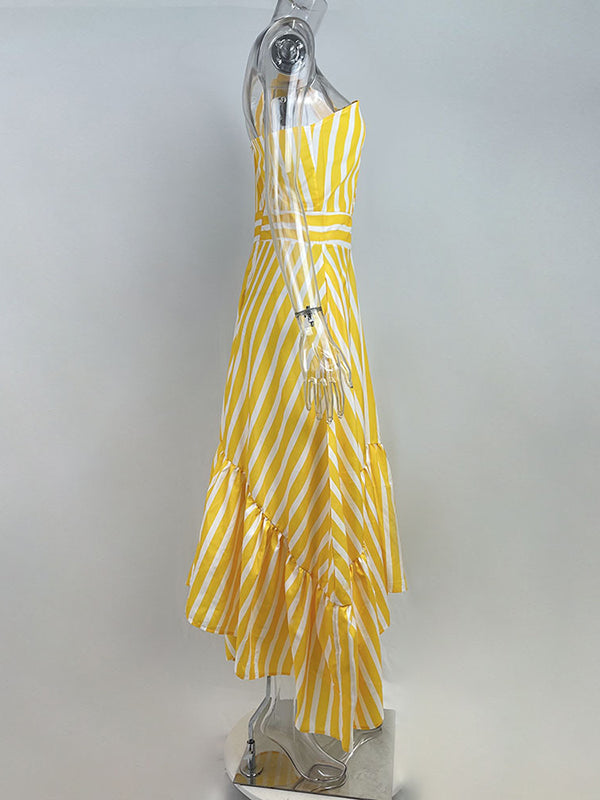 Asymmetric Hollow Pleated Pockets Split-Joint Striped Zipper High Waisted Loose One-Shoulder Midi Dresses