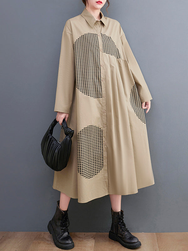 Vintage Loose Long Sleeves Buttoned Printed Polka-Dot Lapel Collar Midi Dresses