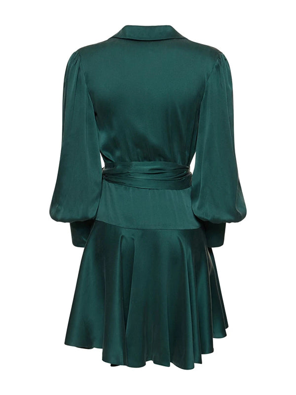Solid Color Ruffled Long Sleeves Satin Elegant Mini Dresses